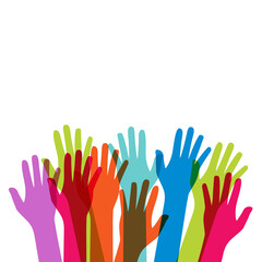 Fototapeta premium Multicultural and multiethnic people community integration concept with raised human hands. Racial equality of different culture and countries background. Vector Illustration EPS10