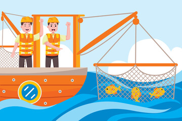 Fisherman Profession with vector illlustration. Flat design with cartoon characters.