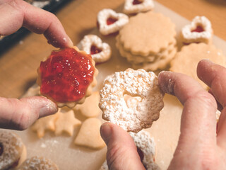 tasty homemade Christmas cookies - Spitzbuben or linzer biscuits