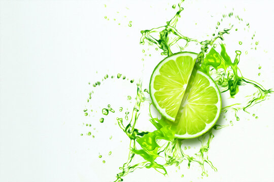 Sliced lime in a splash of juice top view. Concept for fruit background, food, freshness. 3D illustration, 3D render.