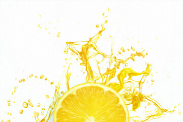 Sliced lemon in a splash of yellow lemon juice top view. Concept for fruit background, food, freshness. 3D illustration, 3D render.