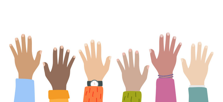 Multicultural and multiethnic people community integration concept with raised human hands. Racial equality of different culture and countries background. Vector Illustration
