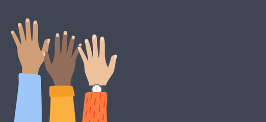 Fototapeta premium Multicultural and multiethnic people community integration concept with raised human hands. Racial equality of different culture and countries background. Vector Illustration