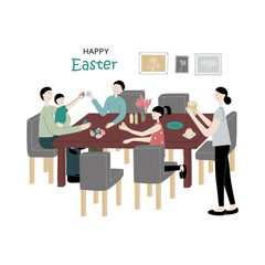 Cute vector color flat illustration with family celebrating easter holiday. Mom, dad, daughter, son and baby sit at the festive table and knock eggs. For greeting card, poster, banner.