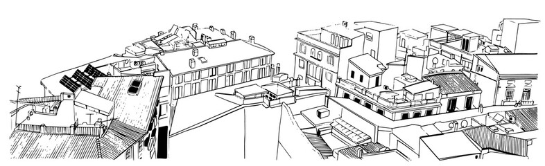 View of roofs of Mediterranean city. Vector Sketch Illustration doodle style black and white drawing