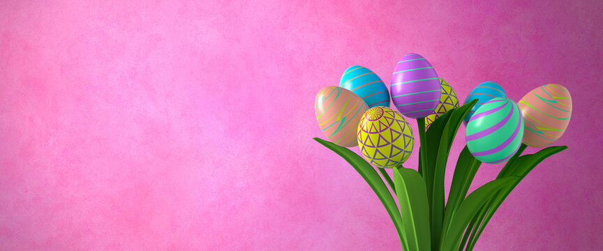 Creative festive illustration of a bouquet of Easter eggs on a happy Easter day on a pink watercolor background.