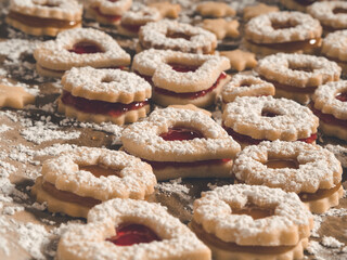 Spitzbuben or linzer cookies decoraded with powdered sugar