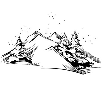 Mountain winter landscape illustration. Vector background concept hand drawn sketch