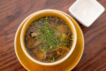 Dinner soup: broth, chicken, vegetable, meat. Georgian cuisine.