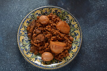 Jewish cuisine - Cholent (Hamin).Traditional main dish for Jewish Shabbat lunch, slow cooked beef...