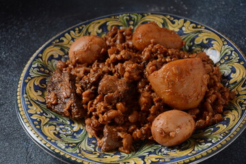 Jewish cuisine - Cholent (Hamin).Traditional main dish for Jewish Shabbat lunch, slow cooked beef...