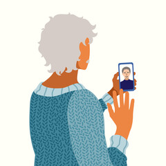 Grandfather holding a smartphone. Hand drawn illustration in modern, trendy colors. Online communication on social network and media, instant communication concept.