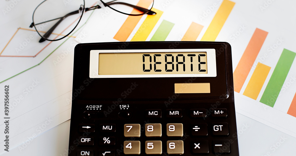 Aufkleber calculator with the word debate on display with chart and glasses