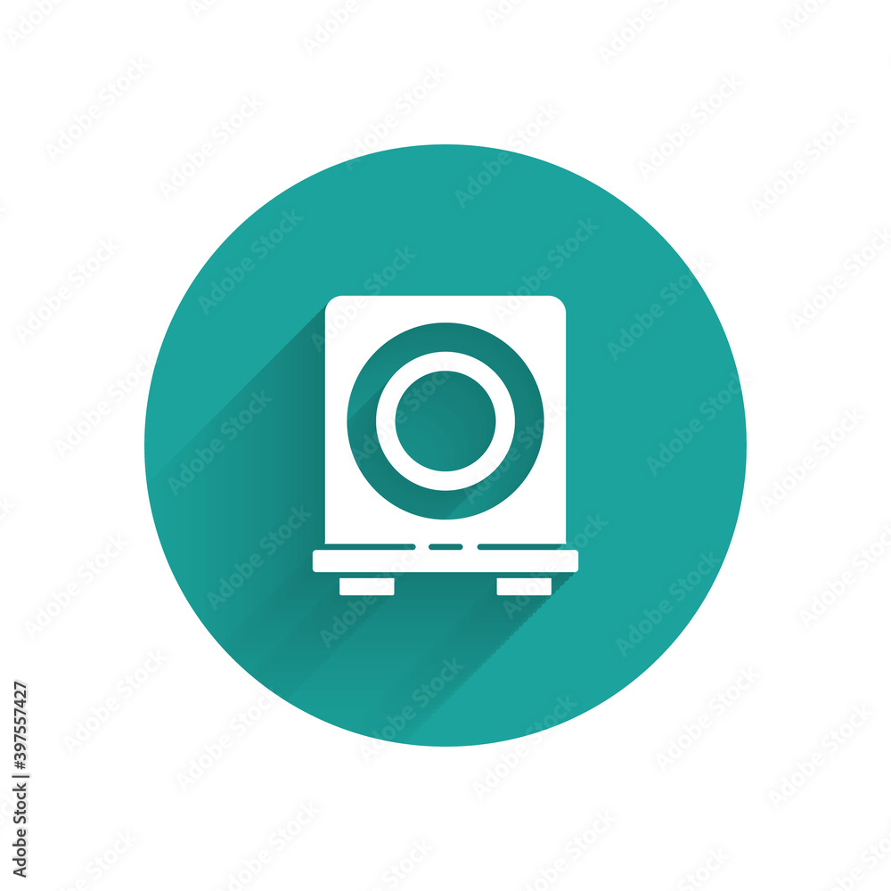 Sticker White Electric stove icon isolated with long shadow. Cooktop sign. Hob with four circle burners. Green circle button. Vector.