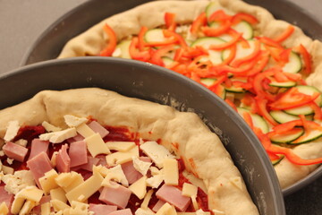 two different pizzas with cheese, ham and one vegetarian