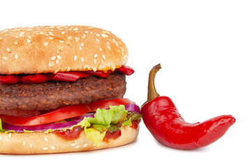 Tasty burger with pepper chilli isolated on the white