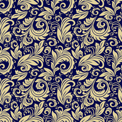 Seamless blue background with beige pattern in baroque style. Vector retro illustration. Ideal for printing on fabric or paper for wallpapers, textile, wrapping.