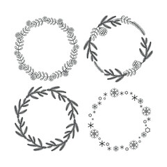 Set of vector holiday round wreaths. Can be used for christmas design, invitation, cards, poster. Monochrome isolated frames made of christmas tree branches, leaves, berries, snowflakes.
