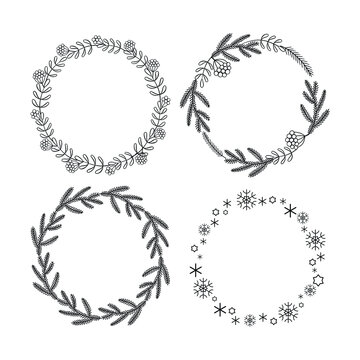 Set of vector holiday round wreaths. Can be used for christmas design, invitation, cards, poster. Monochrome isolated frames made of christmas tree branches, leaves, berries, snowflakes.