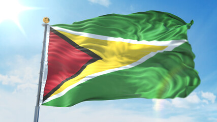 4k 3D Illustration of the waving flag on a pole of country Guyana