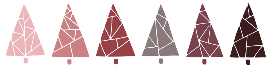 Vector illustration. Set of simple geometric pink Christmas trees isolated on white. Holiday decoration design elements. Hand drawn fir doodle clipart. For collage, card, poster, banner, gift wrapping