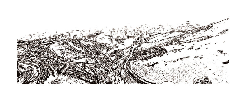 Building view with landmark of Tochal Complex consists of many recreational and sports facilities located in Velenjak, north of Tehran. Hand drawn sketch illustration in vector.