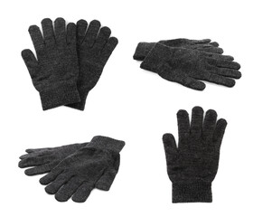 Set of dark grey woolen gloves on white background
