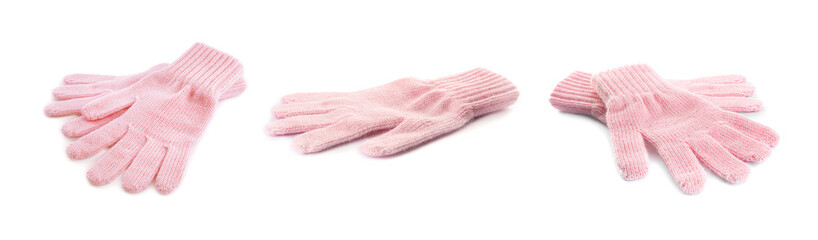 Set of pink woolen gloves on white background. Banner design