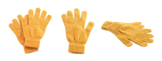 Set of yellow woolen gloves on white background. Banner design - obrazy, fototapety, plakaty