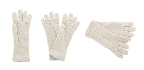 Set of woolen gloves on white background. Banner design