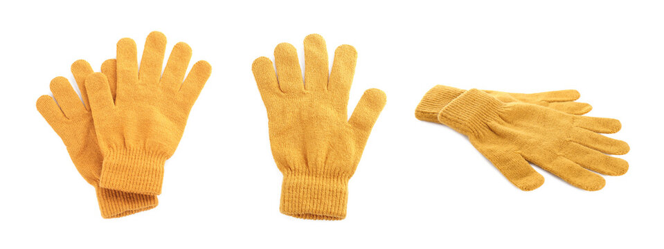 Set of yellow woolen gloves on white background. Banner design