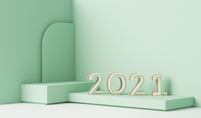 Concept of Happy New Year 2021. 3D numbers 2021 and letter text.  Party of 2021. Pastel background. Christmas poster, banner, cover card, brochure, studio, mockup. 3d render.