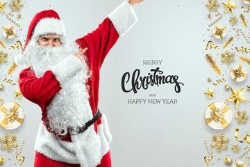 Portrait of a cheerful Santa Claus in a red suit on a light background, the inscription Merry Christmas. Mixed media. Concept for Christmas Eve, Vacation, Holiday Banner, New Year