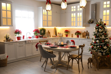 Stylish kitchen interior with beautiful Christmas decor
