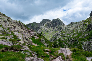 Italy, Trentino, Predazzo, Lago Brutto - 19 July 2020 - Rocky landscape in the European Alps
