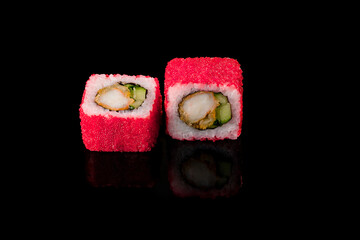 Roll with red caviar tobiko. Japanese food