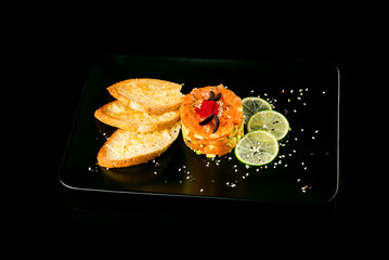 Salad with salmon and vegetables. Japanese food