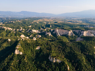 Aerial sunset view of Melnik sand pyramids, Bulgaria