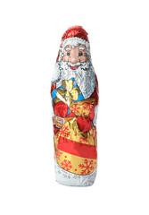 Fototapeta premium Chocolate Santa Claus in foil wrapper isolated on white