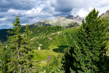 Fototapeta na wymiar Italy, Trentino, Predazzo, Lagorai, Malga Moregna - 4 July 2020 - Enchanting view from the Lagorai chain