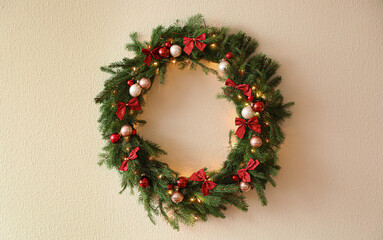 Beautiful Christmas wreath with festive decor on light wall