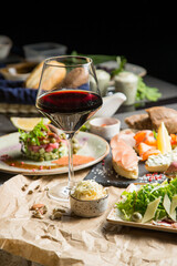 glass of wine with a variety of snacks. Georgian menu, Georgian restaurant