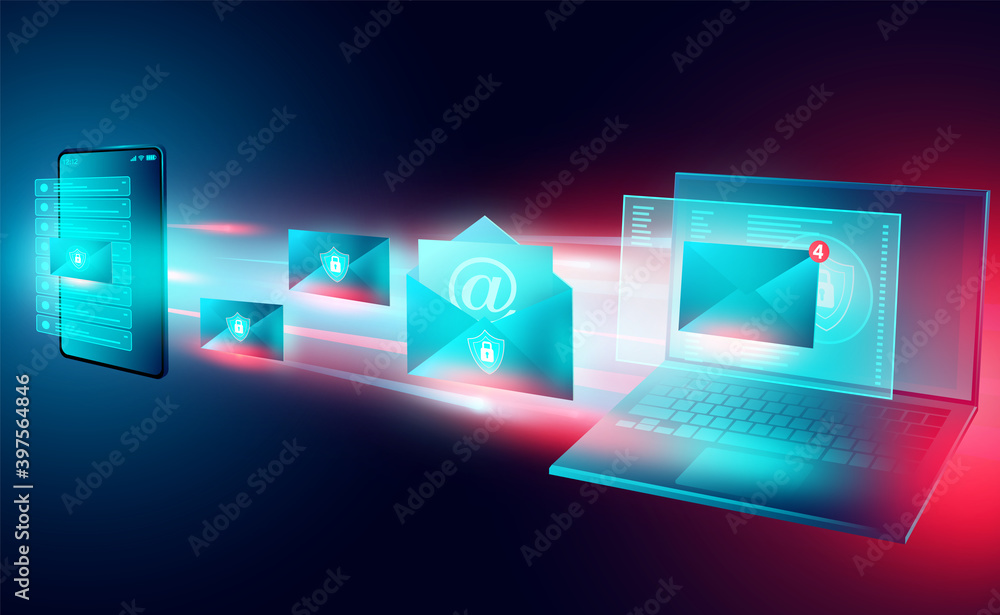 Aufkleber security sending of email between phone and computer laptop