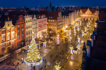 Christmas tree and decorations in the old town of Gdansk at dusk, Poland