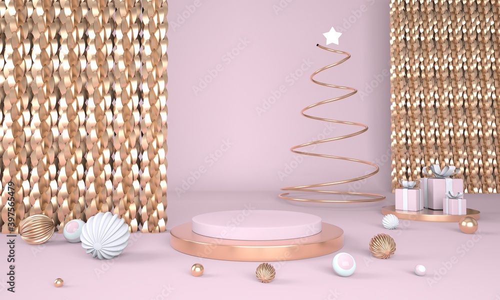 Aufkleber christmas background with christmas tree and stage for product display. 3d rendering.