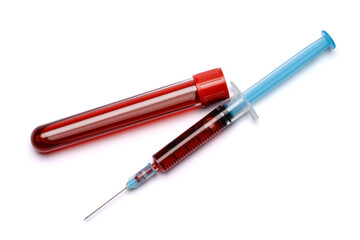 Medical syringe and plastic test tube isolated on white background