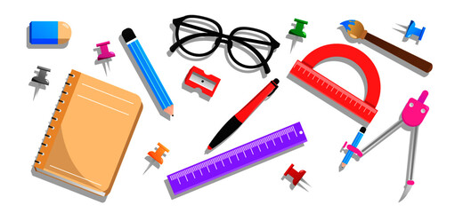 backpack, education, bag, back, school, full, rucksack, notebook, pack, equipment, isolated, study, colorful, background, college, schoolbag, set, design, accessory, supplies, concept, student, flat, 