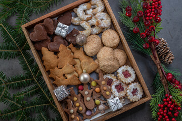 Traditional home made German Christmas Cookies on a festive table