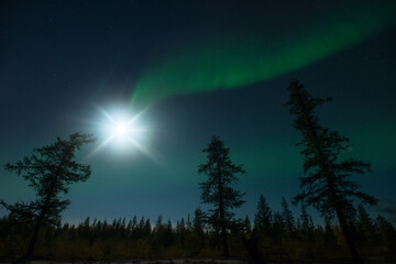 Northern lights with a bright moon
