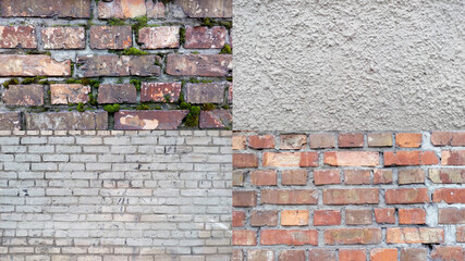 Brick wall texture set. Grunge background of old red and white bricks.